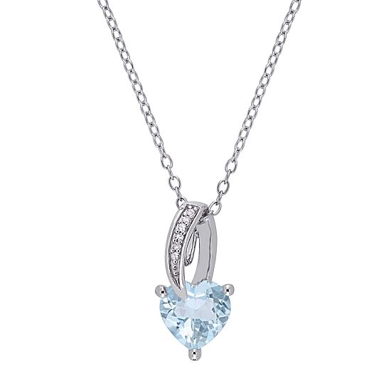 Womens Diamond Accent Genuine Blue Aquamarine Sterling Silver Heart 18 Inch Pendant Necklace