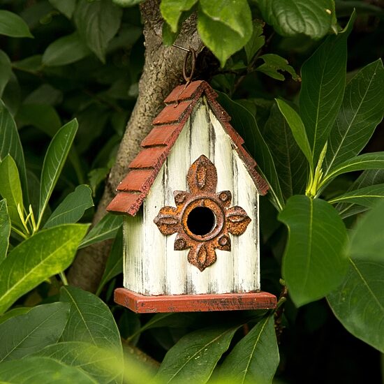Glitzhome Tall White/Red Hand Painted Wood Birdhouse