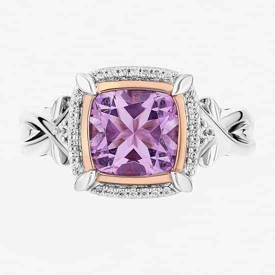 Enchanted Disney Fine Jewelry Womens 1/10 CT. T.W. Genuine Purple Amethyst 14K Rose Gold Over Silver Cushion Rapunzel Halo Cocktail Ring