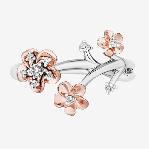 Enchanted Disney Fine Jewelry Womens 1/10 CT. T.W. Natural White Diamond 14K Rose Gold Over Silver Flower Mulan Cocktail Ring, 7