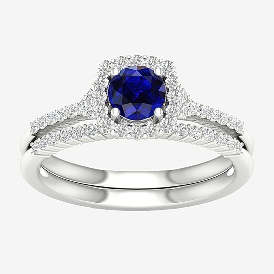 Modern Bride Gemstone Womens 14K White Gold Round Halo Bridal Set