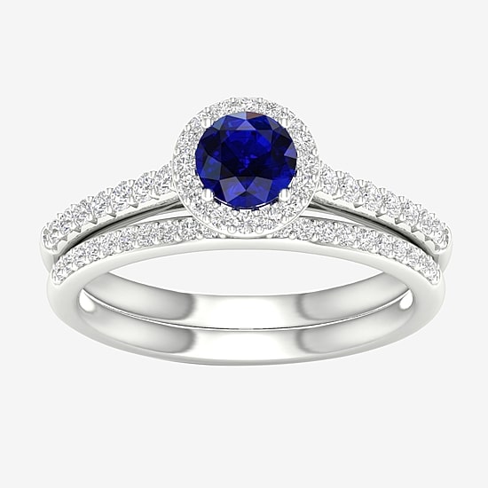 Modern Bride Gemstone Womens 14K White Gold Round Halo Bridal Set