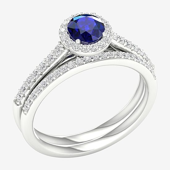 Modern Bride Gemstone Womens 14K White Gold Round Halo Bridal Set
