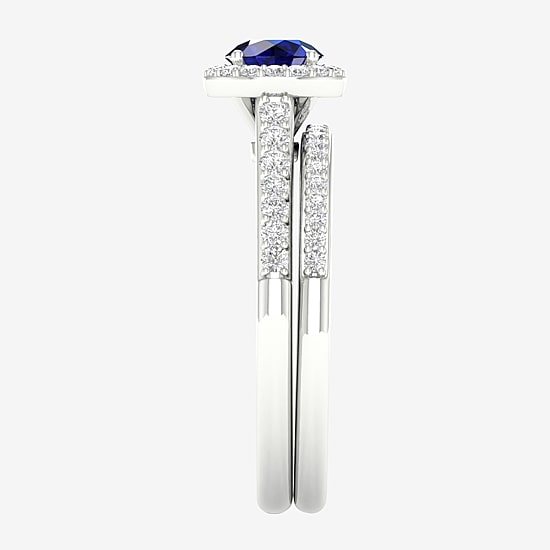 Modern Bride Gemstone Womens 14K White Gold Round Halo Bridal Set