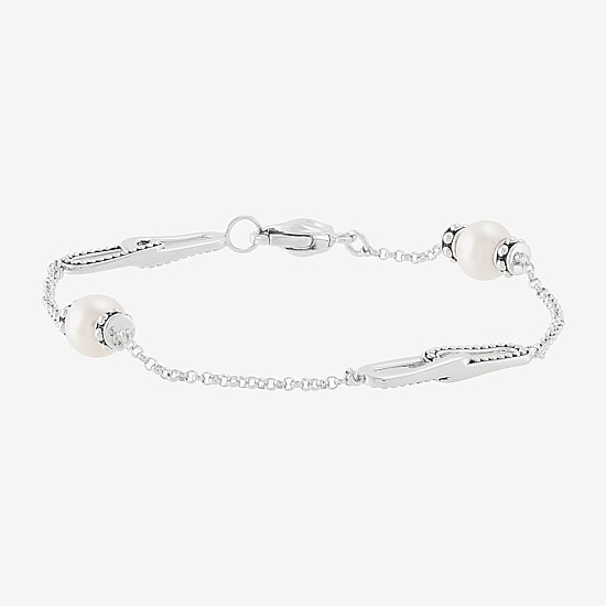 Limited Quantities! Womens White Cultured Freshwater Pearl Sterling Silver Charm Bracelet