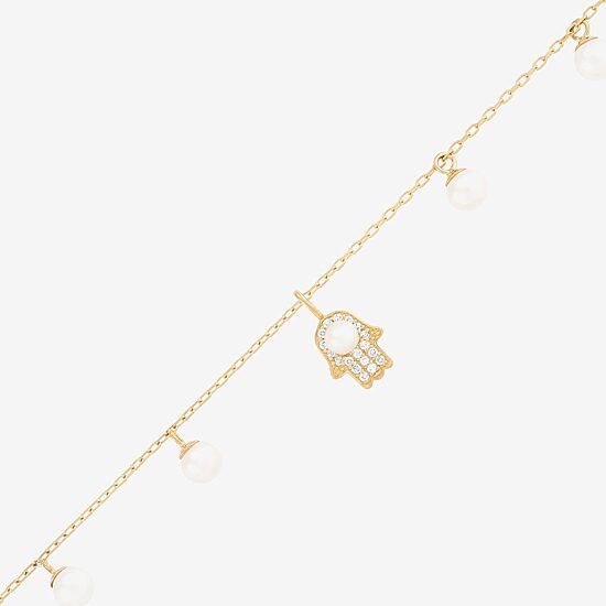 Womens Dyed White Cultured Freshwater Pearl 14K Gold Over Silver Hamsa Charm Bracelet