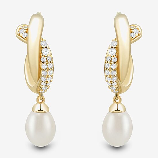 Womens Lab Created White Cultured Freshwater Pearl 14K Gold Over Silver Sterling Silver Round Drop Earrings