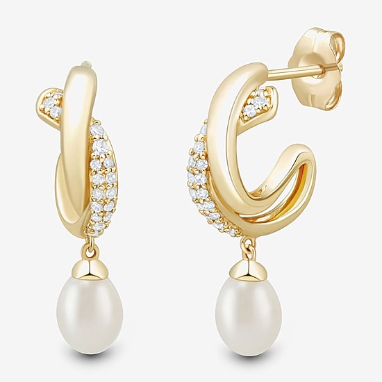 Womens Lab Created White Cultured Freshwater Pearl 14K Gold Over Silver Sterling Silver Round Drop Earrings