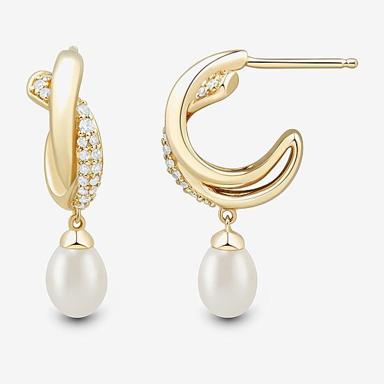 Womens Lab Created White Cultured Freshwater Pearl 14K Gold Over Silver Sterling Silver Round Drop Earrings