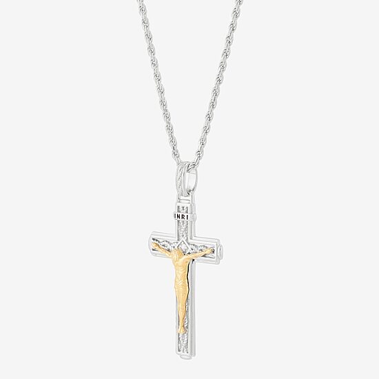 Crucifix Mens White Cubic Zirconia 14K Gold Over Silver Cross 24 Inch Pendant Necklace