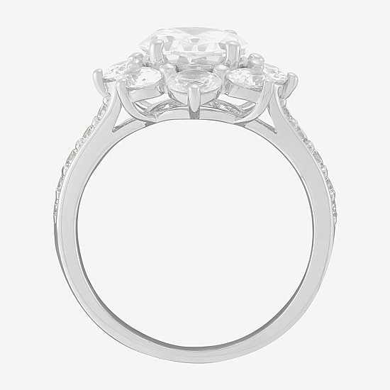 Diamonart Womens Cubic Zirconia Sterling Silver Flower Oval Side Stone Engagement Ring