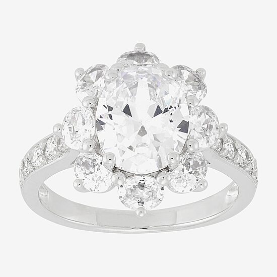 Diamonart Womens Cubic Zirconia Sterling Silver Flower Oval Side Stone Engagement Ring