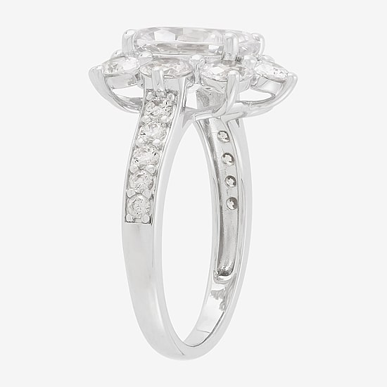 Diamonart Womens Cubic Zirconia Sterling Silver Flower Oval Side Stone Engagement Ring