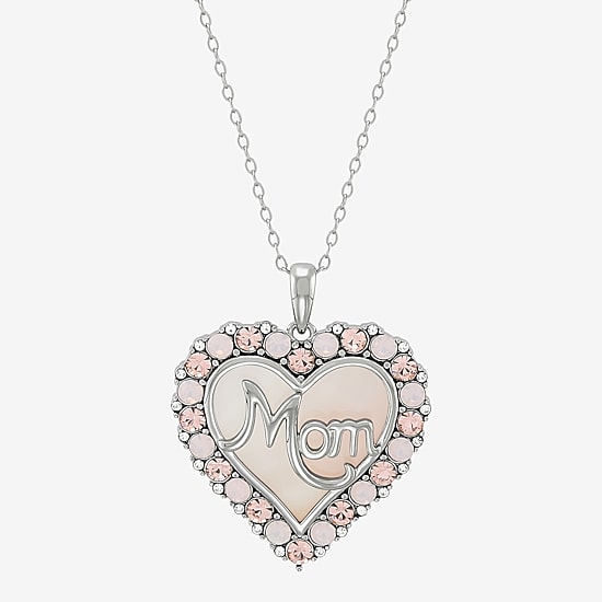 "Mom" Womens Pink Mother Of Pearl Sterling Silver Heart 16 Inch Pendant Necklace