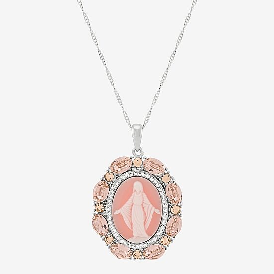 Our Lady Of Grace Virgin Mary Womens Pink Crystal Sterling Silver Cameo Oval Pendant