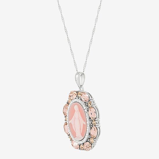 Our Lady Of Grace Virgin Mary Womens Pink Crystal Sterling Silver Cameo Oval Pendant