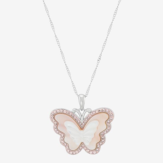 Womens Pink Mother Of Pearl Sterling Silver Butterfly 18 Inch Pendant Necklace