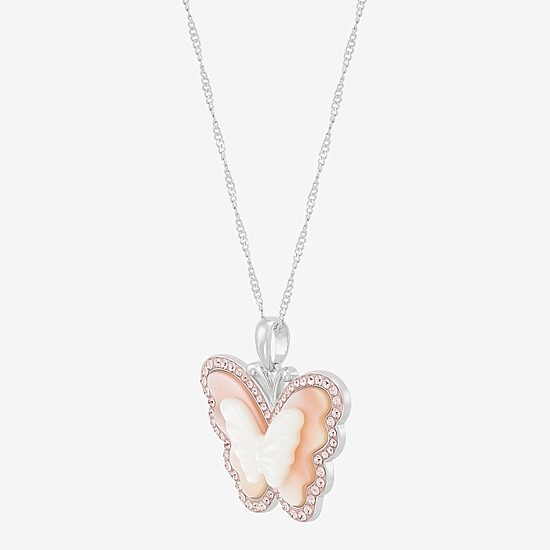 Womens Pink Mother Of Pearl Sterling Silver Butterfly 18 Inch Pendant Necklace