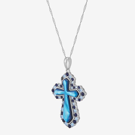 Womens Blue Mother Of Pearl Sterling Silver Cross 18 Inch Pendant Necklace