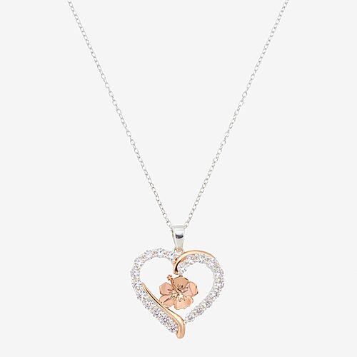 Disney Classics Womens Cubic Zirconia 14k Rose Gold Over Brass Pure Silver Over Brass Heart Lilo & Stitch 16 Inch Pendant Necklace, One Size, Silver