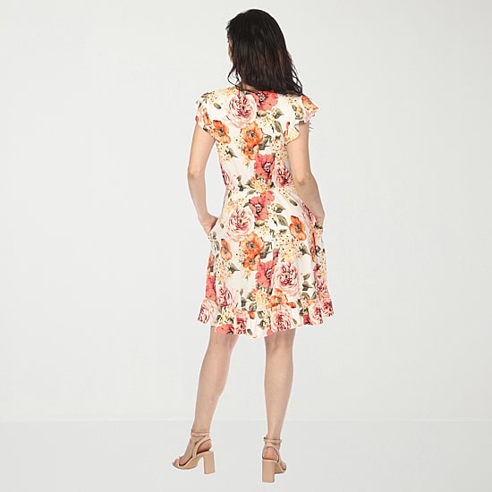 White Mark V-Neck Womens V Neck Short Sleeve Flutter Floral Empire Waist Dress