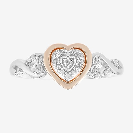Limited Quantities! Womens Diamond Accent Natural White Diamond 14K Rose Gold Over Silver Sterling Silver Heart Side Stone Cocktail Ring