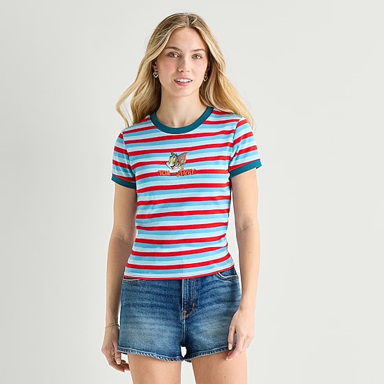Womens Juniors Crew Neck Short Sleeve Fitted Tom and Jerry Graphic T-Shirt