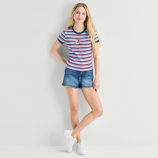 Womens Juniors Crew Neck Short Sleeve Fitted Tom and Jerry Graphic T-Shirt