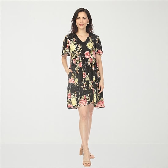 White Mark V-Neck Tropical Flower Womens V Neck Short Sleeve Floral A-Line Dress