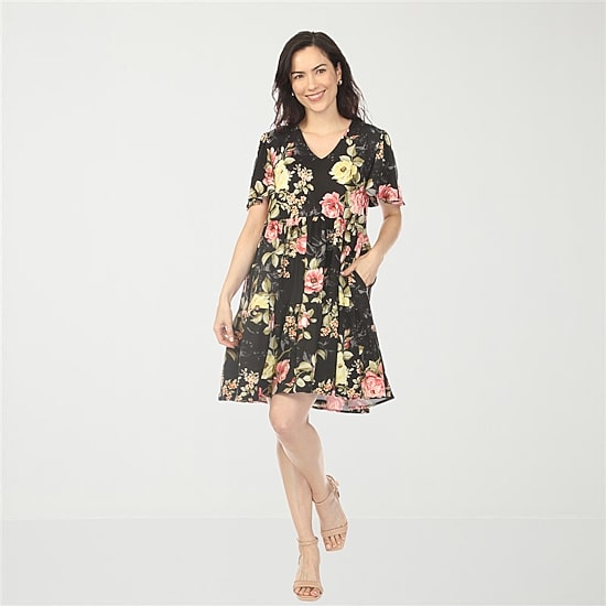 White Mark V-Neck Tropical Flower Womens V Neck Short Sleeve Floral A-Line Dress