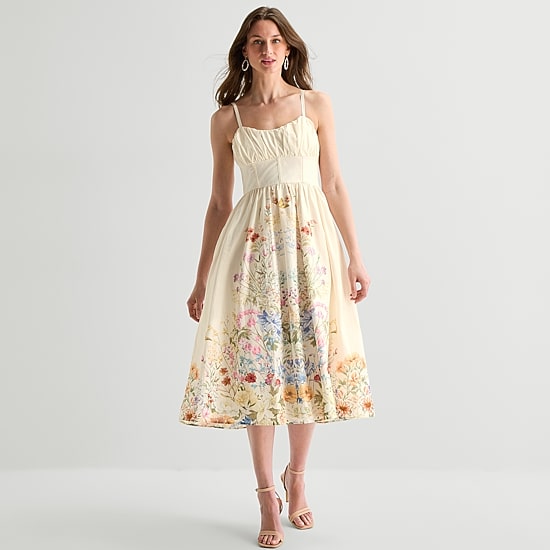 Melonie T Womens Midi Sweetheart Neck Sleeveless Floral Fit + Flare Dress