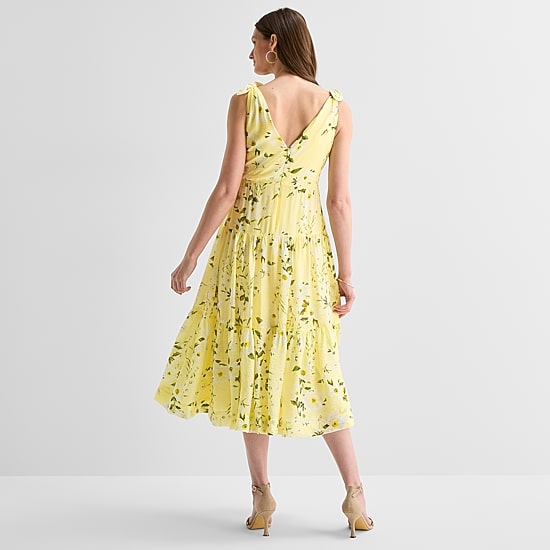 Melonie T Womens Midi V Neck Sleeveless Floral Fit + Flare Dress