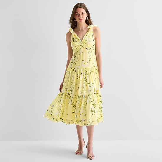 Melonie T Womens Midi V Neck Sleeveless Floral Fit + Flare Dress