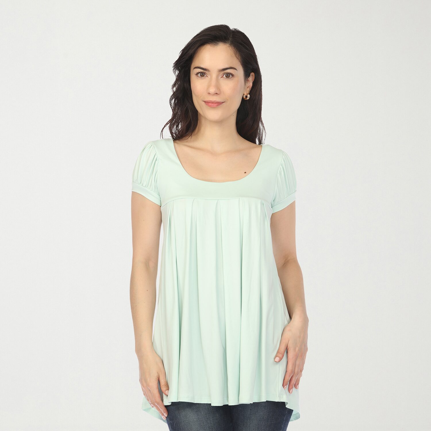 White Mark Cap Sleeve Pleated Womens Crew Neck Short Tunic Top