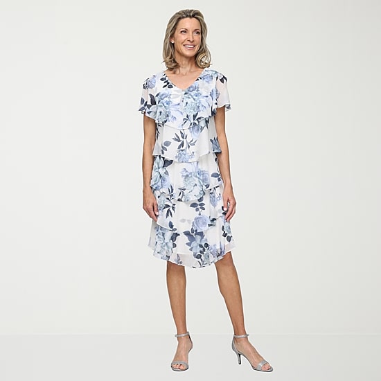 S. L. Fashions Womens Midi V Neck Short Sleeve Floral Shift Dress