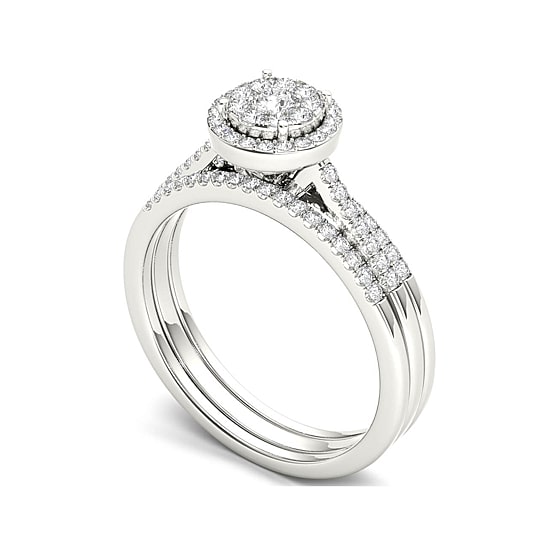 1/2 CT.T.W. Natural Diamond 10K White Gold Halo Bridal Ring Set
