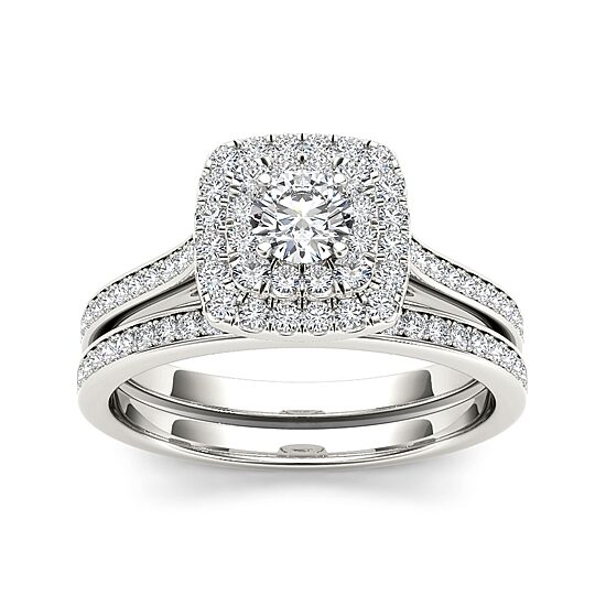 3/4 CT.T.W. Natural Diamond Halo 10K White Gold Bridal Ring Set