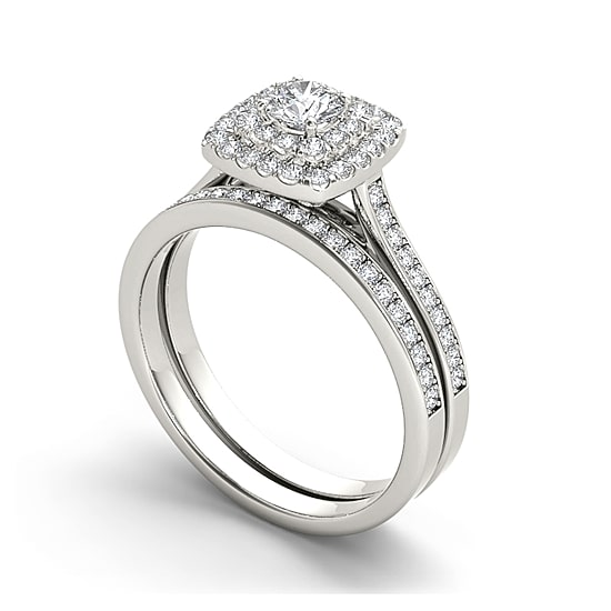 3/4 CT.T.W. Natural Diamond Halo 10K White Gold Bridal Ring Set