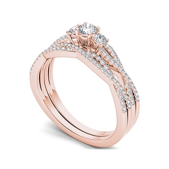 1/2 CT.T.W. Natural Diamond 14K Rose Gold Crossover Bridal Ring Set