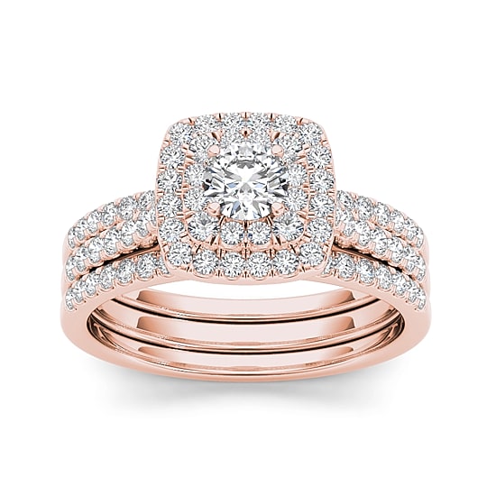 1 CT.T.W. Natural Diamond 10K Rose Gold Halo Bridal Ring Set