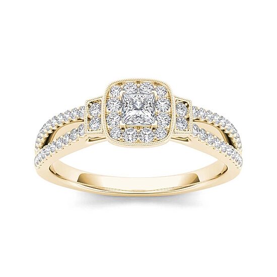 1/2 CT.T.W. Natural Diamond Halo 10K Yellow Gold Engagement Ring