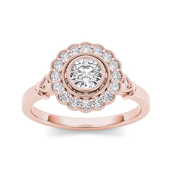 1/2 CT.T.W. Natural Diamond Flower Halo 10K Rose Gold Engagement Ring