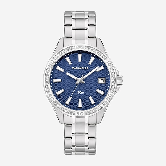 Caravelle Designed By Bulova Aqualuxx Womens Crystal Accent Silver Tone Stainless Steel Bracelet Watch 43m122