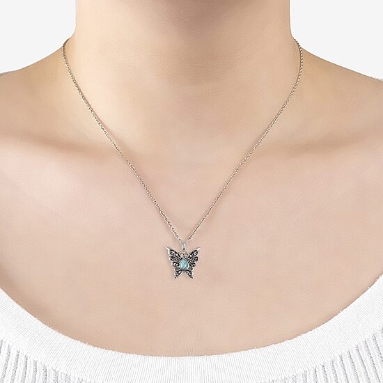 Butterfly Womens Enhanced Blue Turquoise Sterling Silver Butterfly 18 Inch Pendant Necklace