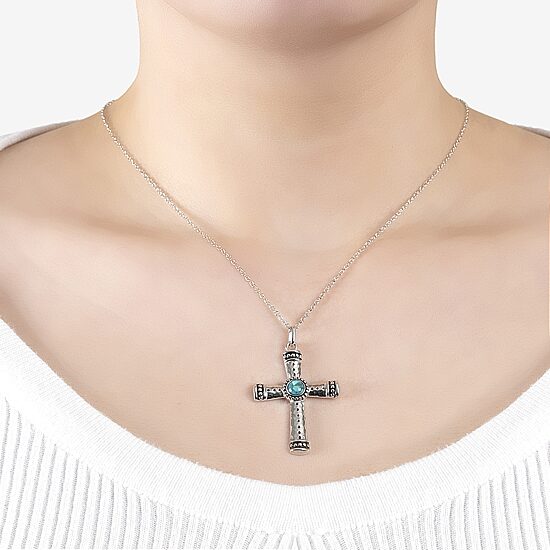 Womens Enhanced Blue Turquoise Sterling Silver Cross 18 Inch Pendant Necklace
