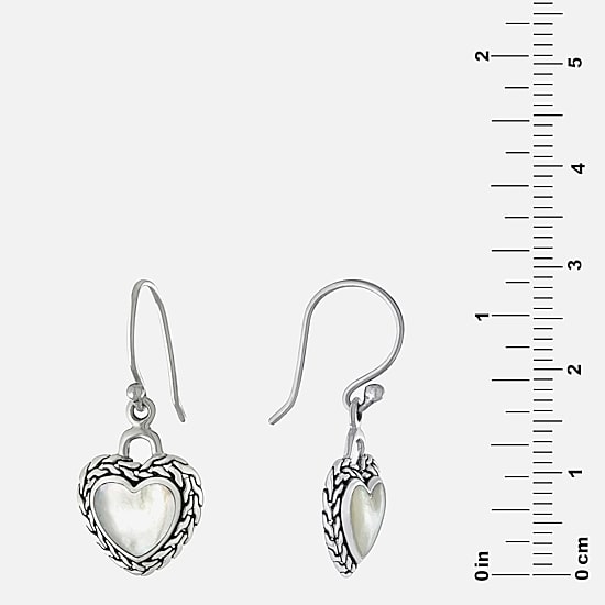 Bali Inspired Womens Genuine White Mother Of Pearl Sterling Silver Heart Drop Earrings