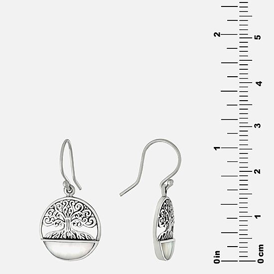 Tree Of Life Womens Genuine White Mother Of Pearl Sterling Silver Round Drop Earrings