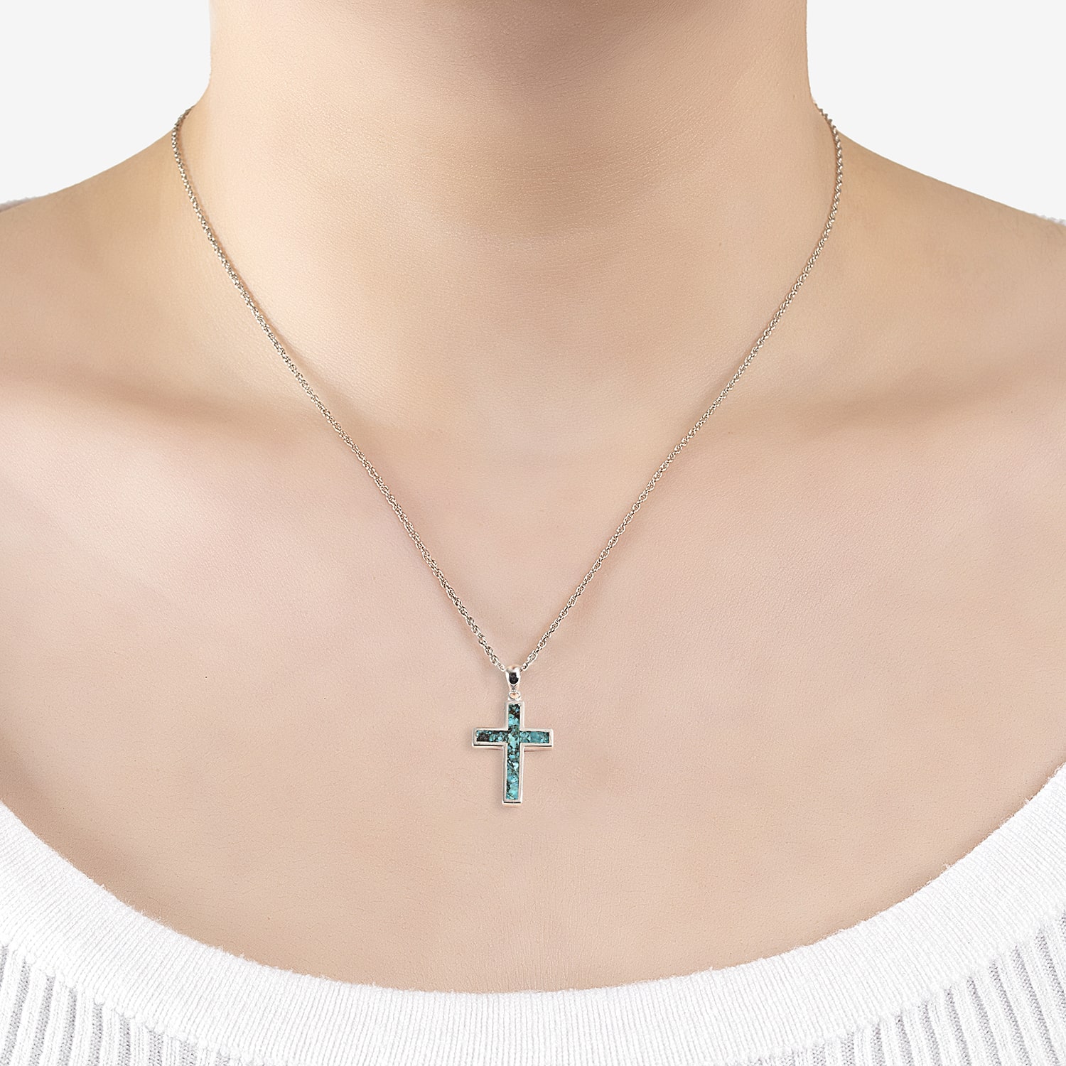 Womens Enhanced Blue Turquoise Sterling Silver Cross 18 Inch Pendant Necklace