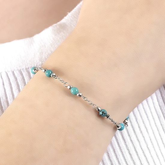 Womens Enhanced Blue Turquoise Sterling Silver Round Beaded Bracelet