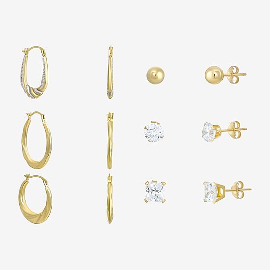 Women's Cubic Zirconia 14K Gold 6 Pair Earring Set